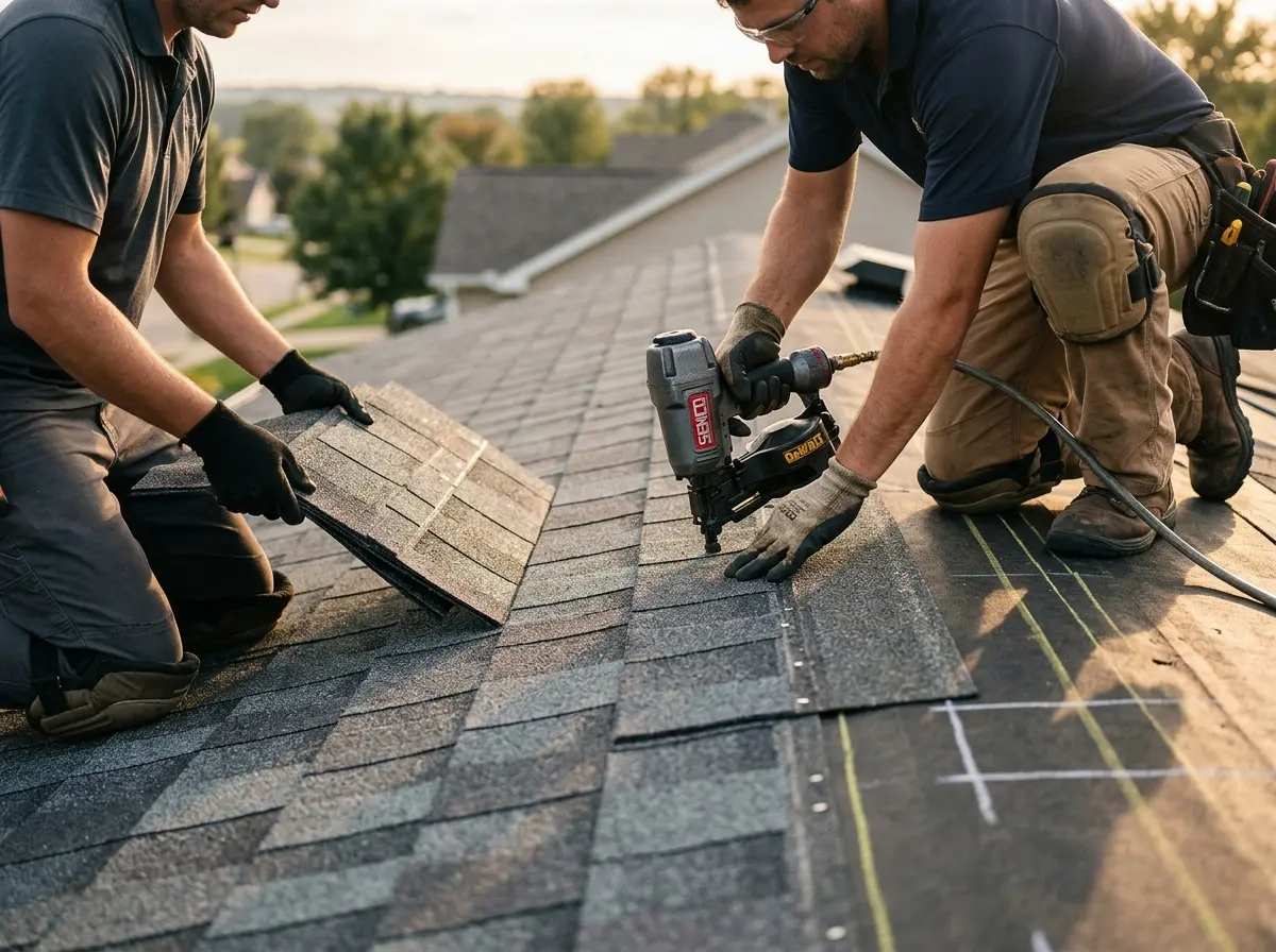 Professional roofer working on a residential roof in Enumclaw